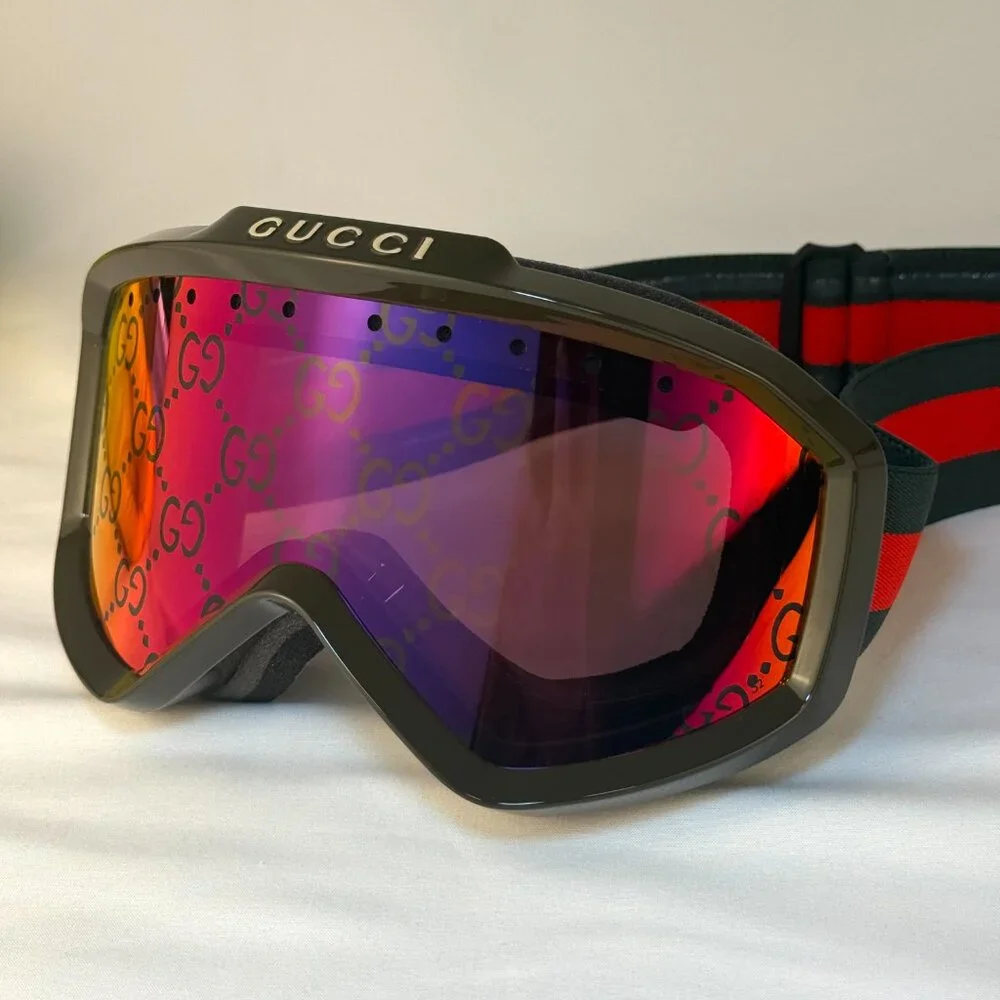 NEW GUCCI Mirrored Ski Mask Goggles SHINY SOLID DARK GREEN with logo unisex - Picture 5 of 9